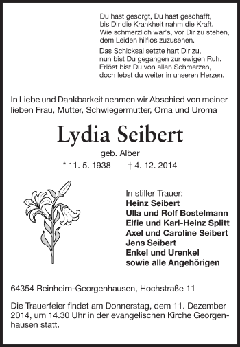 Traueranzeige von Lydia Seibert von Echo-Zeitungen (Gesamtausgabe)
