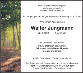 Traueranzeige von Walter Jungmann von Rüsselsheimer Echo, Groß-Gerauer-Echo, Ried Echo