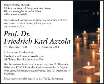 Traueranzeige von Friedrich Karl Azzola von Rüsselsheimer Echo, Groß-Gerauer-Echo, Ried Echo