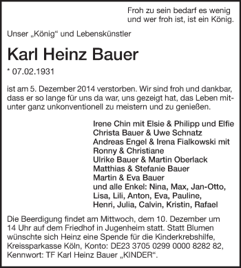 Traueranzeige von Karl Heinz Bauer von Echo-Zeitungen (Gesamtausgabe)
