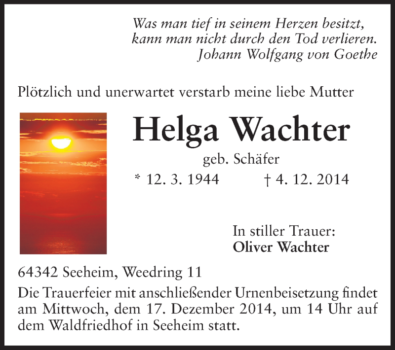  Traueranzeige für Helga Wachter vom 10.12.2014 aus Echo-Zeitungen (Gesamtausgabe)