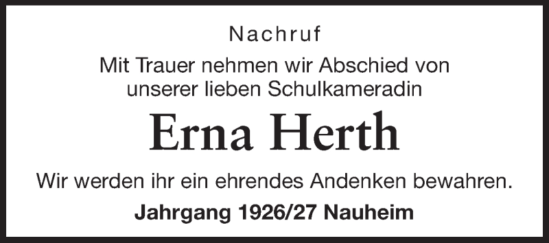  Traueranzeige für Erna Herth vom 10.12.2014 aus Rüsselsheimer Echo, Groß-Gerauer-Echo, Ried Echo