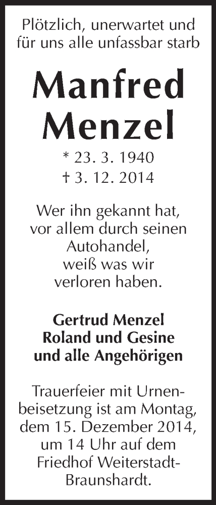  Traueranzeige für Manfred Menzel vom 13.12.2014 aus Echo-Zeitungen (Gesamtausgabe)