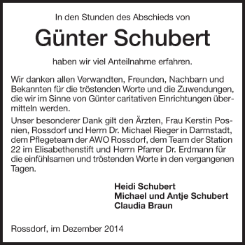 Traueranzeige von Günter Schubert von Echo-Zeitungen (Gesamtausgabe)