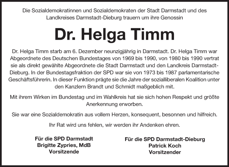  Traueranzeige für Helga Timm vom 10.12.2014 aus Echo-Zeitungen (Gesamtausgabe)