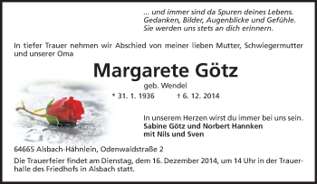 Traueranzeige von Margarete Götz von Echo-Zeitungen (Gesamtausgabe)