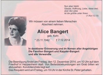 Traueranzeige von Alice Bangert von Starkenburger Echo