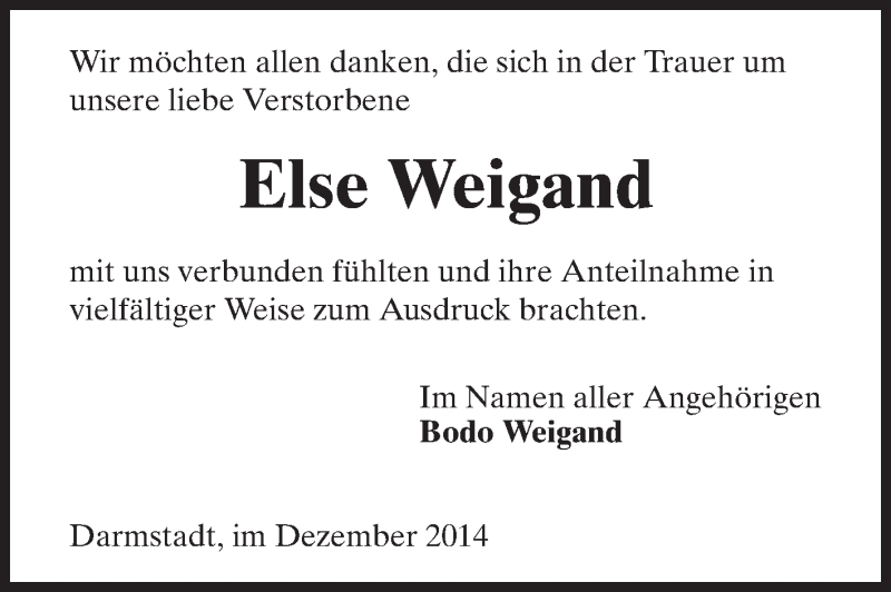  Traueranzeige für Else Weigand vom 13.12.2014 aus Echo-Zeitungen (Gesamtausgabe)