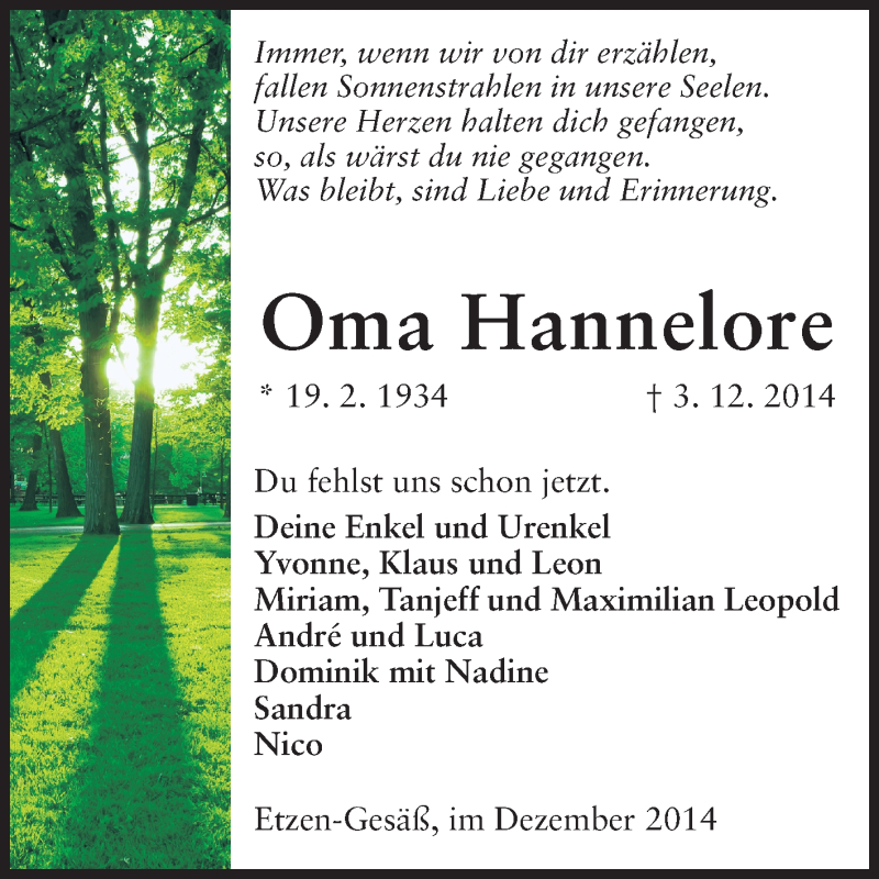  Traueranzeige für Hannelore  vom 12.12.2014 aus Odenwälder Echo