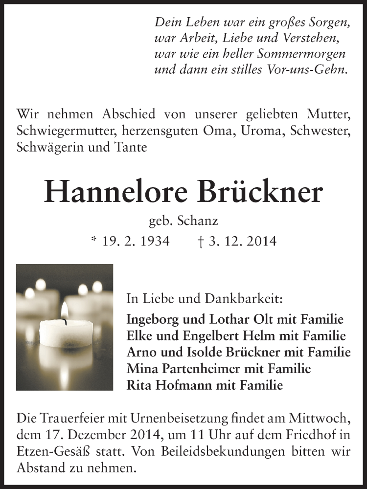  Traueranzeige für Hannelore Brückner vom 12.12.2014 aus Odenwälder Echo