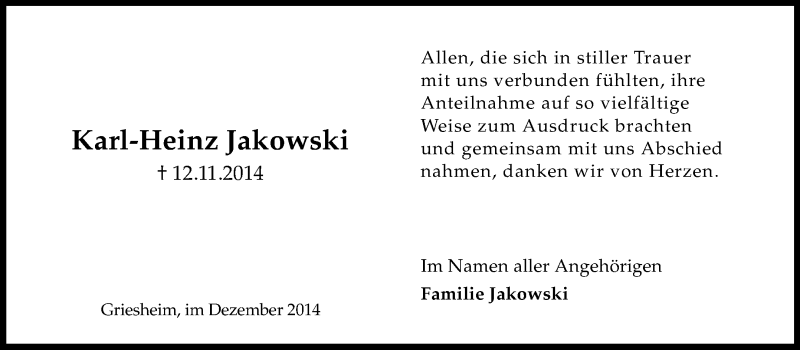  Traueranzeige für Karl-Heinz Jakowski vom 13.12.2014 aus Echo-Zeitungen (Gesamtausgabe)