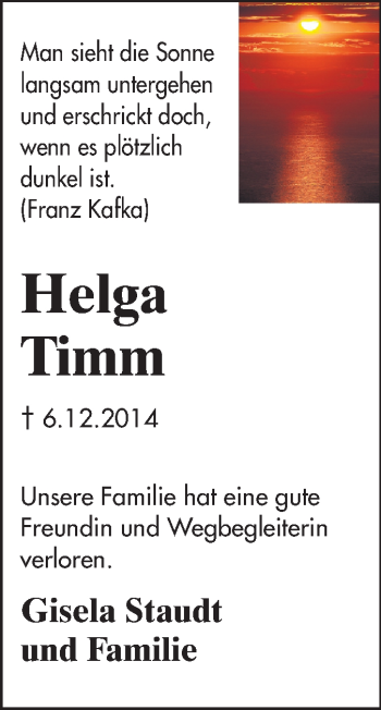 Traueranzeige von Helga Timm von Echo-Zeitungen (Gesamtausgabe)