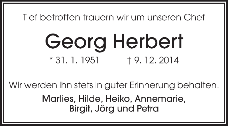  Traueranzeige für Georg Herbert vom 13.12.2014 aus Rüsselsheimer Echo, Groß-Gerauer-Echo, Ried Echo