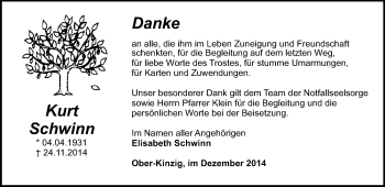 Traueranzeige von Kurt Schwinn  von Odenwälder Echo