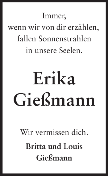 Traueranzeige von Erika Gießmann von Darmstädter Echo, Odenwälder Echo, Rüsselsheimer Echo, Groß-Gerauer-Echo, Ried Echo