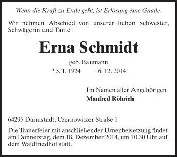 Traueranzeige von Erna Schmidt von Echo-Zeitungen (Gesamtausgabe)