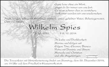 Traueranzeige von Wilhelm Spies von Odenwälder Echo