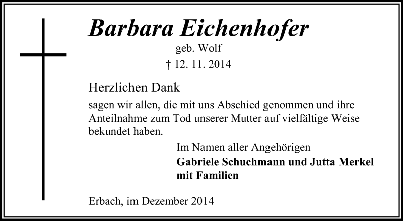  Traueranzeige für Barbara Eichenhofer vom 13.12.2014 aus Odenwälder Echo