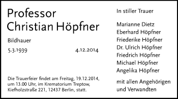 Traueranzeige von Christian Höpfner von Echo-Zeitungen (Gesamtausgabe)