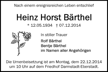 Traueranzeige von Heinz Horst Bärthel von Echo-Zeitungen (Gesamtausgabe)