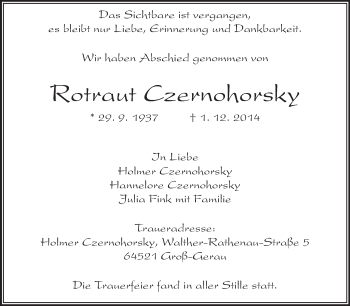 Traueranzeige von Rotraut Czernohorsky von Rüsselsheimer Echo, Groß-Gerauer-Echo, Ried Echo