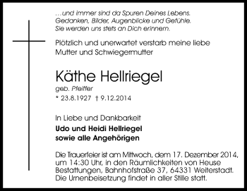 Traueranzeige von Käthe Hellriegel von Echo-Zeitungen (Gesamtausgabe)