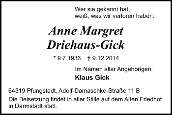 Traueranzeige von Anne Margret Driehaus-Gick von Echo-Zeitungen (Gesamtausgabe)