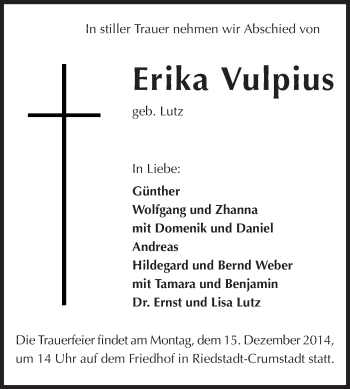 Traueranzeige von Erika Vulpius von Rüsselsheimer Echo, Groß-Gerauer-Echo, Ried Echo