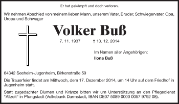 Traueranzeige von Volker Buß von Echo-Zeitungen (Gesamtausgabe)