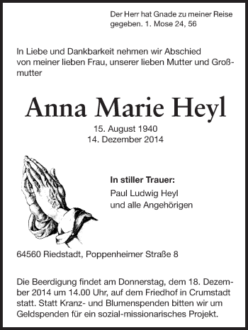 Traueranzeige von Anna Marie Heyl von Rüsselsheimer Echo, Groß-Gerauer-Echo, Ried Echo