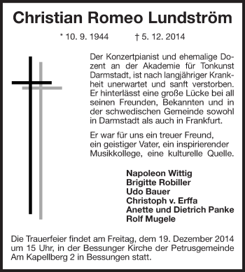 Traueranzeige von Christian Romeo Lundström von Echo-Zeitungen (Gesamtausgabe)