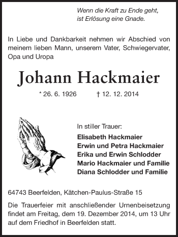 Traueranzeige von Johann Hackmaier von Odenwälder Echo
