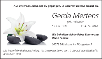 Traueranzeige von Gerda Mertens von Rüsselsheimer Echo, Groß-Gerauer-Echo, Ried Echo