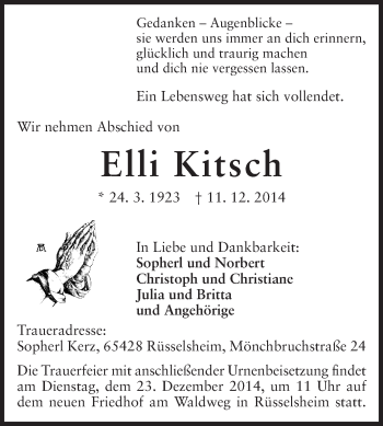 Traueranzeige von Elli Kitsch von Rüsselsheimer Echo, Groß-Gerauer-Echo, Ried Echo