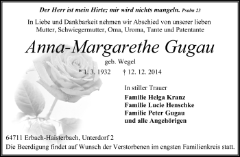 Traueranzeige von Anna-Margarethe Gugau von Odenwälder Echo