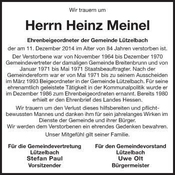 Traueranzeige von Heinz Meinel von Odenwälder Echo