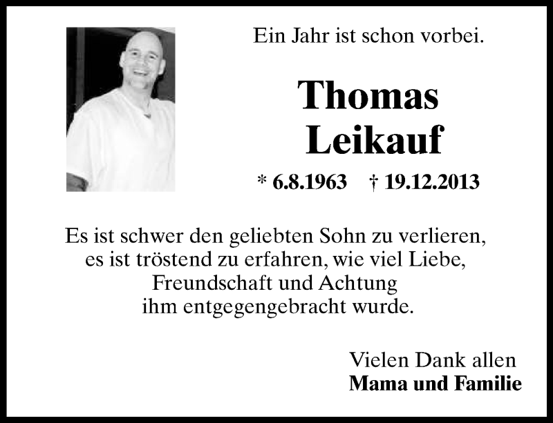  Traueranzeige für Thomas Leikauf vom 19.12.2014 aus Rüsselsheimer Echo, Groß-Gerauer-Echo, Ried Echo