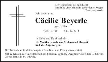 Traueranzeige von Cäcilie Beyerle von Echo-Zeitungen (Gesamtausgabe)