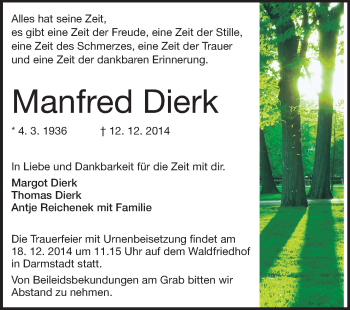 Traueranzeige von Manfred Dierk von Echo-Zeitungen (Gesamtausgabe)