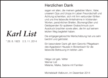 Traueranzeige von Karl List von Echo-Zeitungen (Gesamtausgabe)