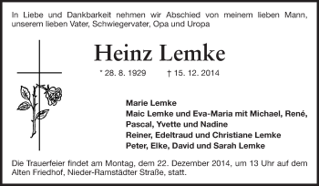 Traueranzeige von Heinz Lemke von Echo-Zeitungen (Gesamtausgabe)