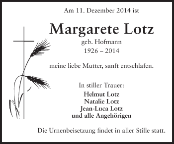 Traueranzeige von Margarete Lotz von Odenwälder Echo