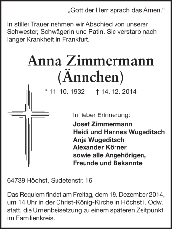 Traueranzeige von Anna Zimmermann von Odenwälder Echo