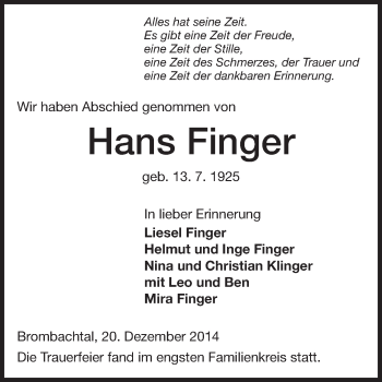 Traueranzeige von Hans Finger von Odenwälder Echo