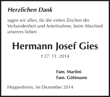 Traueranzeige von Hermann Josef Gies von Starkenburger Echo