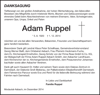 Traueranzeige von Adam Ruppel von Echo-Zeitungen (Gesamtausgabe)