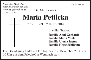 Traueranzeige von Maria Petlicka von Echo-Zeitungen (Gesamtausgabe)