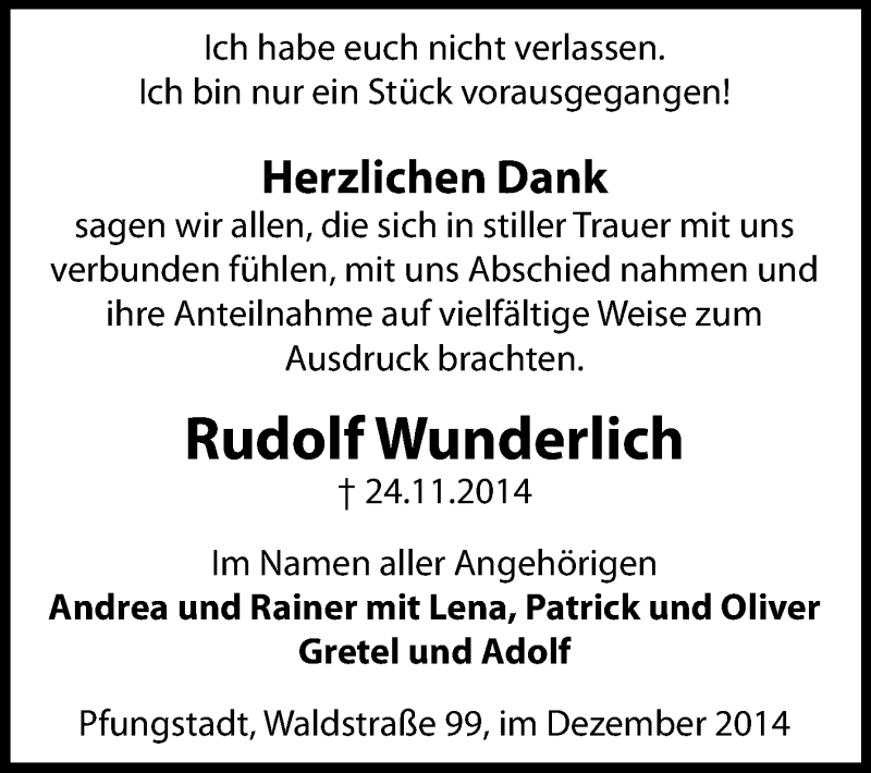  Traueranzeige für Rudolf Wunderlich vom 20.12.2014 aus Echo-Zeitungen (Gesamtausgabe)