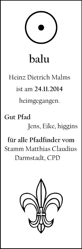  Traueranzeige für Heinz Dietrich Malms vom 20.12.2014 aus Echo-Zeitungen (Gesamtausgabe)