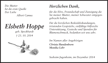 Traueranzeige von Elsbeth Hoppe von Echo-Zeitungen (Gesamtausgabe)